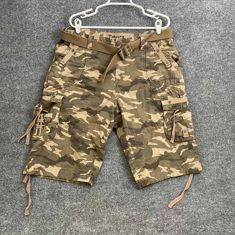 TWOCE Y2K Baggy Camouflage Cargo Shorts Mens 36 Woodland Camo Belted VTG